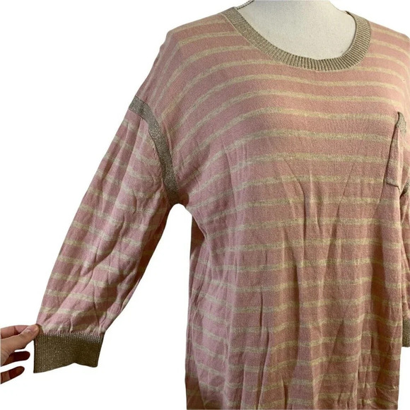 Calvin Klein Striped Sweater Pink Sparkle 3/4 Sleeve Cotton Blend Large - Picture 2 of 8